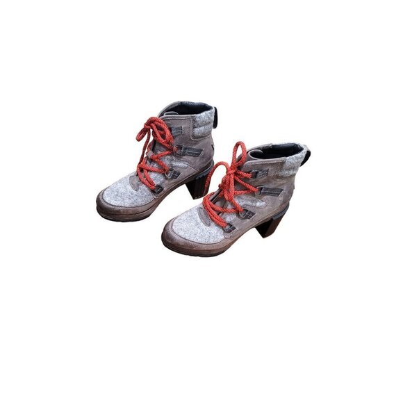 Sorel Block Heeled Pump Waterproof Boots Gray & Red Wool Leather Lace up ankle S - Picture 1 of 14